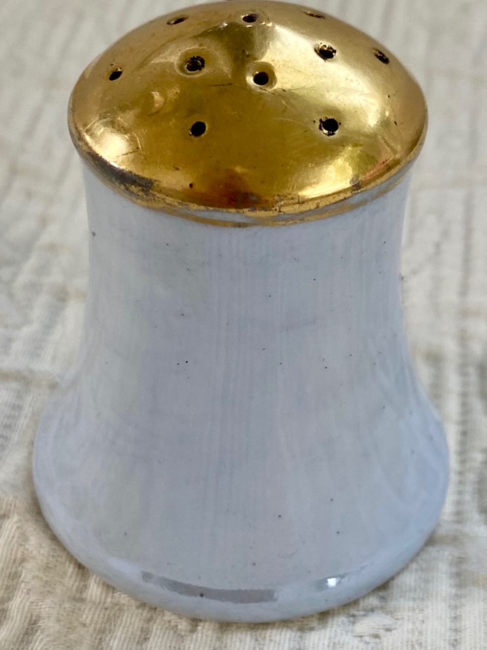 Antique Shaker. White Iridescent and Gold Ceramic. Japanese Decor. Hatpin Holder